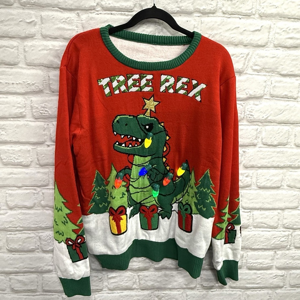 Giggling Getup L Ugly Christmas Sweater LED Light Up Christmas Dinosaur Tree Rex - Picture 7 of 13
